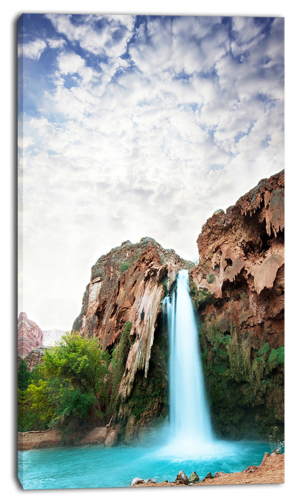 Amazing Waterfall under Cloudy Sky, Oversized Landscape Canvas Art, 16"x32"