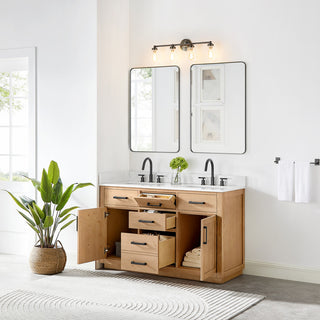 Gavino Vanity With Grain White Composite Stone Top, Light Brown/Matte Black, 54", With Mirror