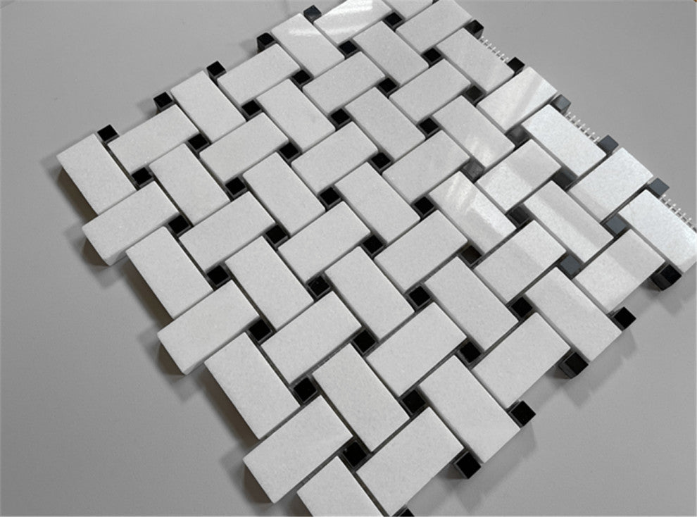 Thassos White Marble Basketweave Mosaic Vintage Bathroom Tile Polished, 1 sheet