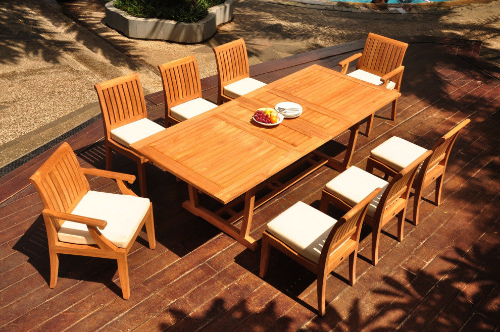 9-Piece Outdoor Teak Dining: 94" Masc Rectangle Extension Table, 8 Lagos Chairs
