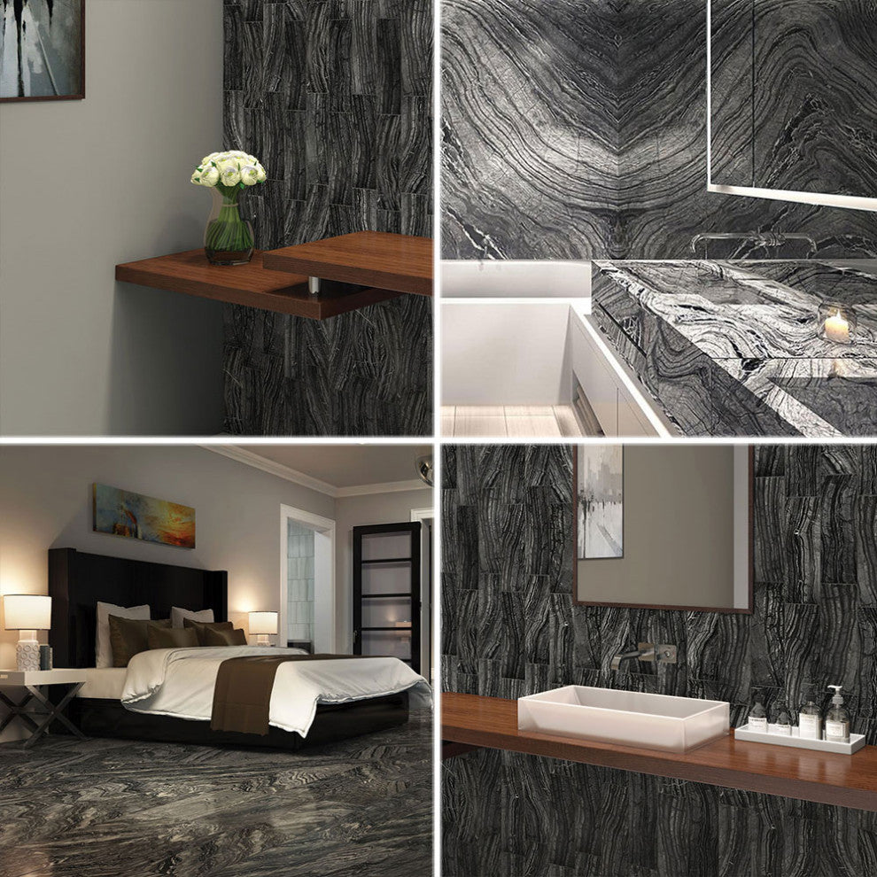 Silver Wave Black Forest Grey Antico Wood Vein Marble 12x12 Tile Honed,100sq.ft.