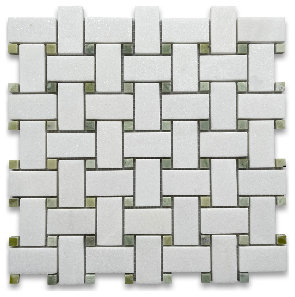 Thassos White Marble 1x2 Basketweave Mosaic Tile Green Dots Honed, 1 sheet