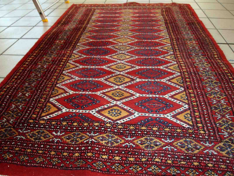 Handmade Vintage Uzbek Bukhara Rug, 3.3'x4.9', 100cmx152cm 1960s