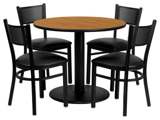 36'' Round Natural Dining Laminate Table Set, 4 Grid Back Metal Chairs