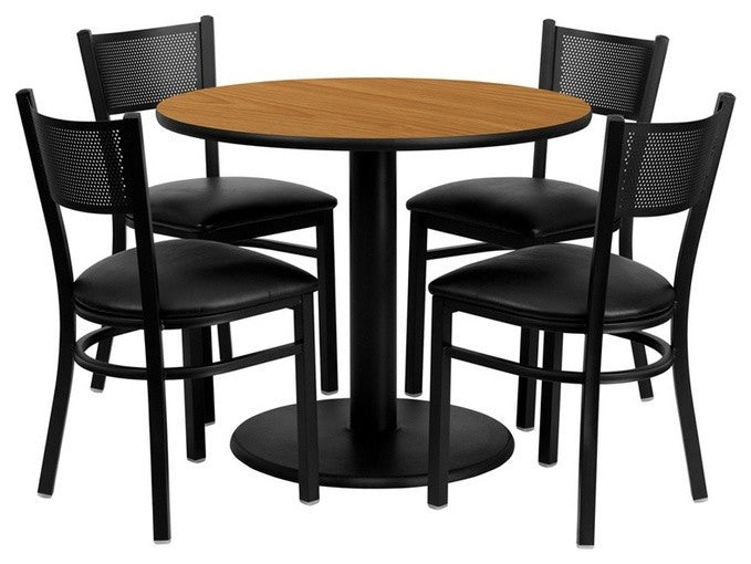 36'' Round Natural Dining Laminate Table Set, 4 Grid Back Metal Chairs