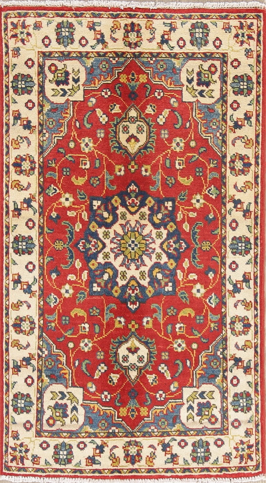 Pakistani Kazak Hand-Knotted Oriental Traditional Wool Area Rug, Red, 4'0"X2'7"
