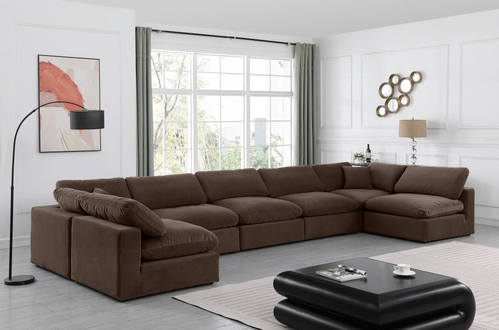 Comfy Upholstered U-Shaped Modular Sectional, Brown, 7-Piece: 5 Armless Chair, 2 Corner Chair, Velvet