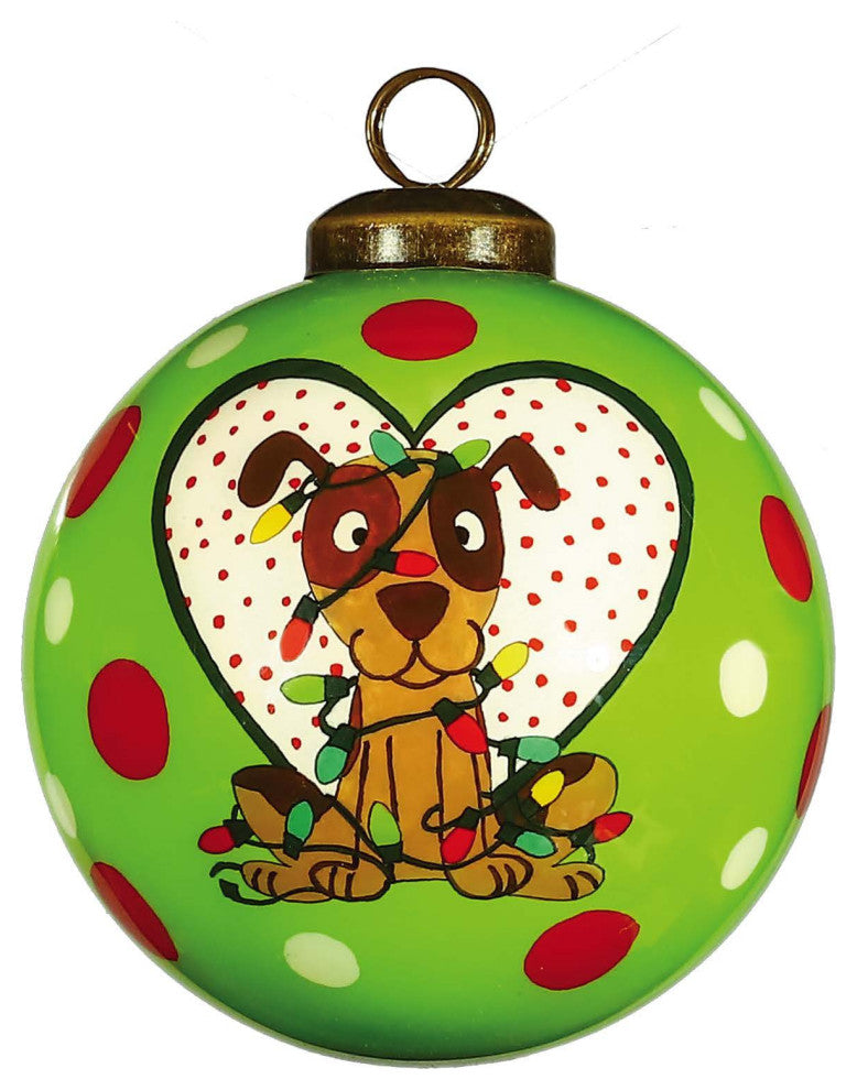 Charming Dog in a Heart Hand Painted Mouth Blown Glass Ornament