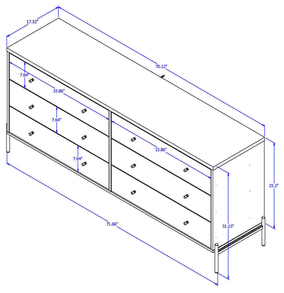 Jasper 71.65" Double Dresser With Steel Gold Legs, White Gloss