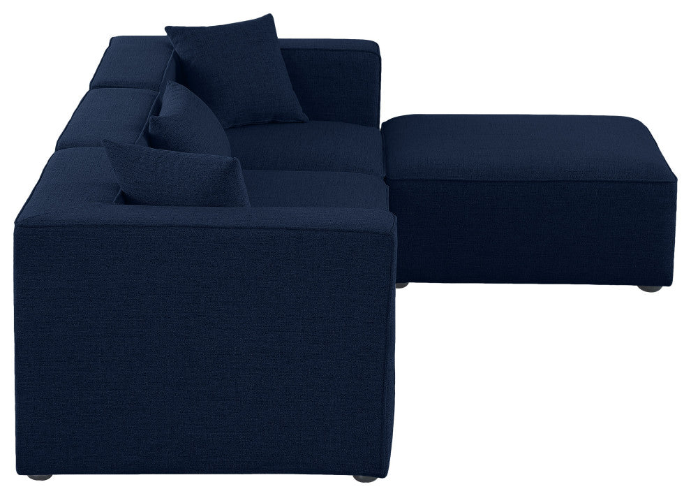 Cube Upholstered Modular Sectional, Navy, 4-Piece: 1 Armless Chair, 2 Corner Chair, 1 Ottoman, Linen Texured Fabric