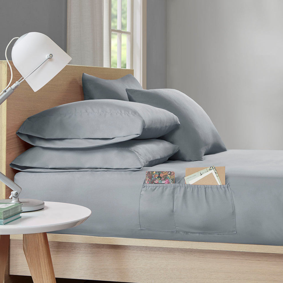 Intelligent Design Microfiber Sheet Set With Side Storage Pockets, Grey