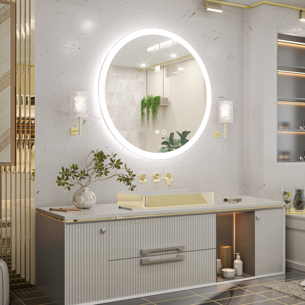 Round LED Bathroom Mirror With Front Lights, Anti-Fog/Dimmable, 36" Diameter