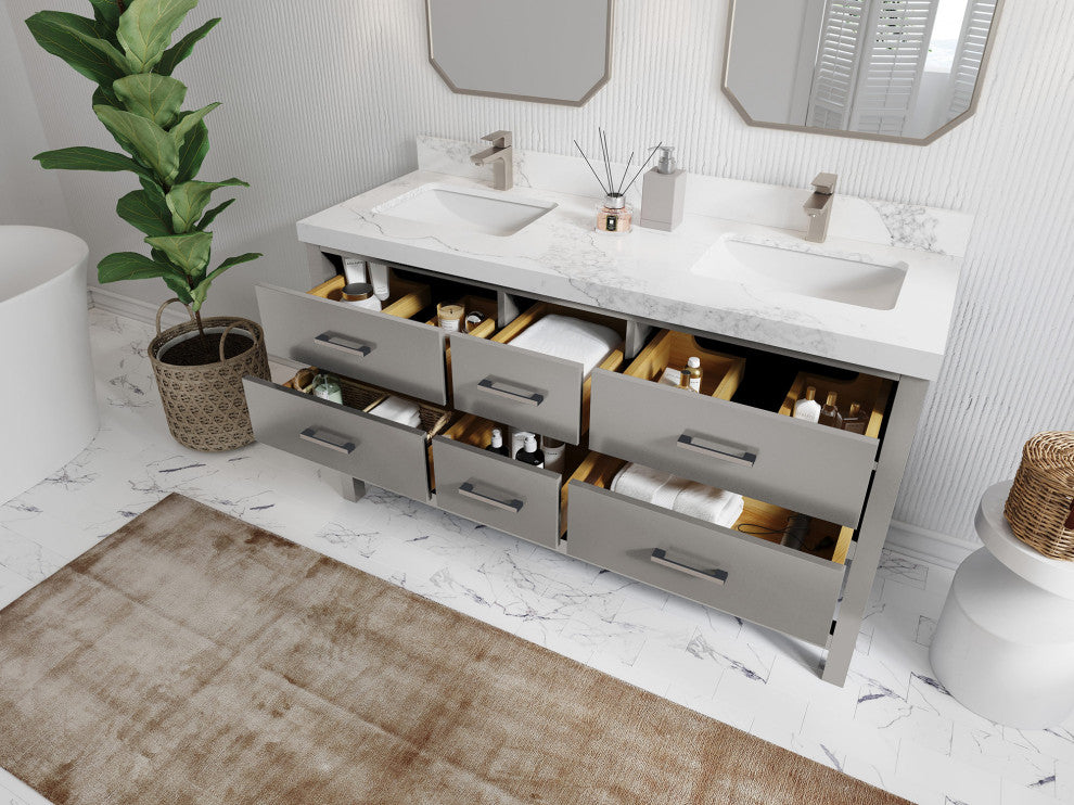 Parker 60 Double Sink Bathroom Vanity in Elephant Skin Gray  1.5" White Quartz