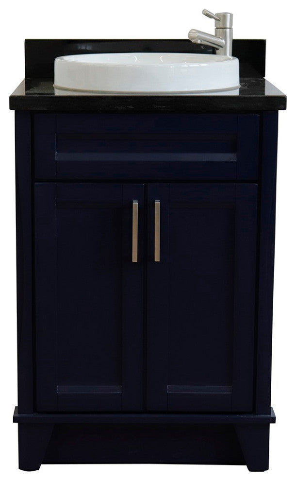 25" Single Sink Vanity, Blue Finish With Black Galaxy Granite And Round Sink