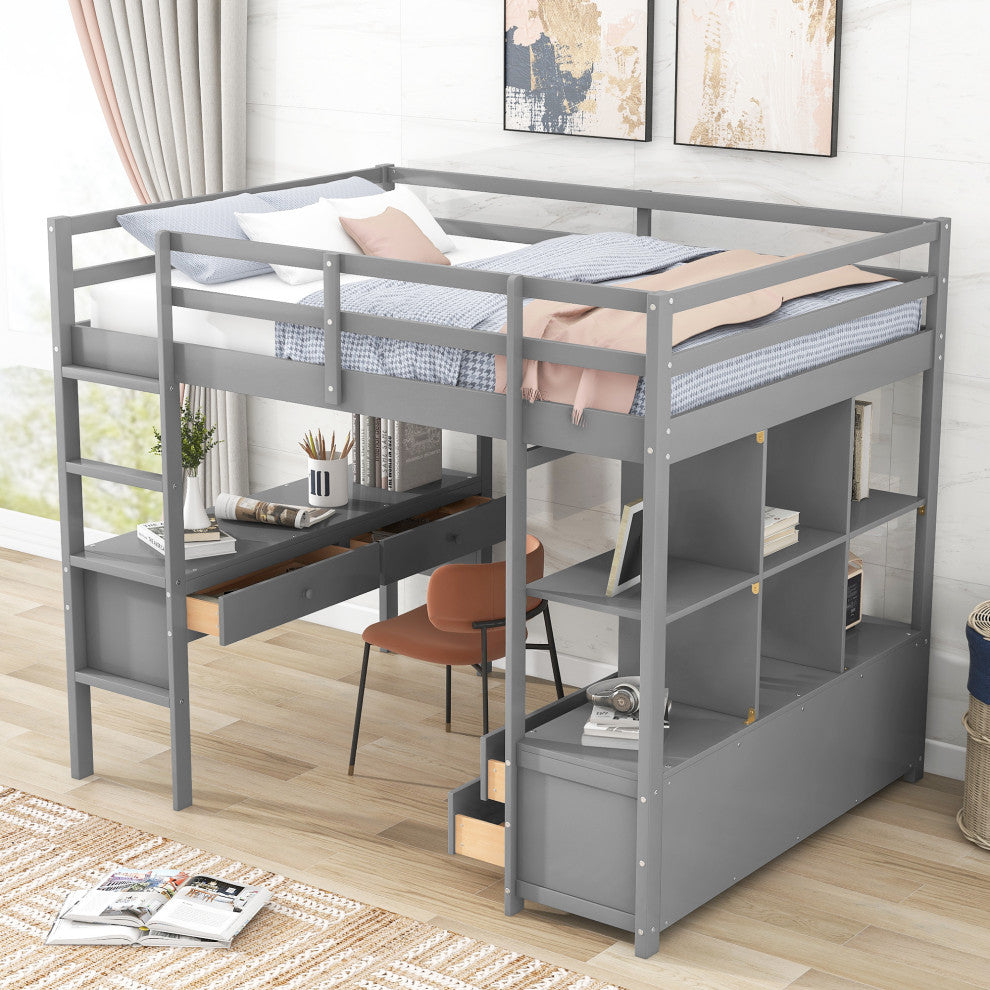 Gewnee Full Size Loft Bed with Built-in Desk with Two Drawers in Gray