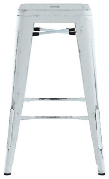 4 Pack Industrial Counter Stool, Backless Design With Square Seat, Antique White