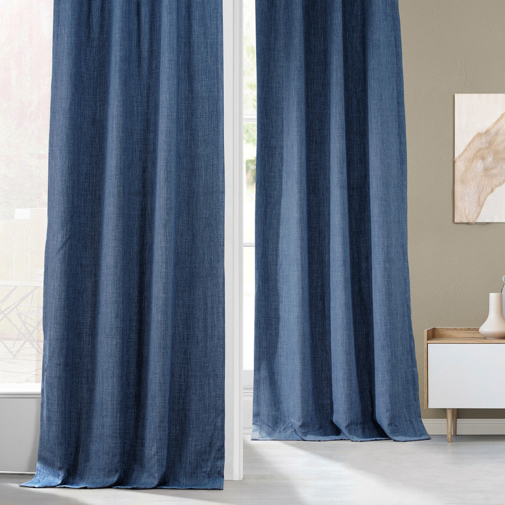 Faux Linen Darkening Curtain Single Panel, Denim, 50"x108"