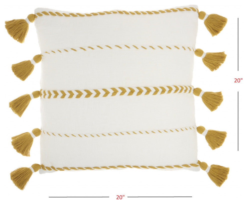 Bohemian White Cotton Accent Pillow With Mustard Tassel Details