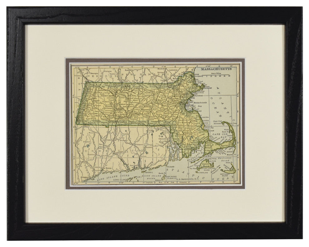 Vintage Massachusetts Map, Framed Original MA State Map- Authentic 1920s