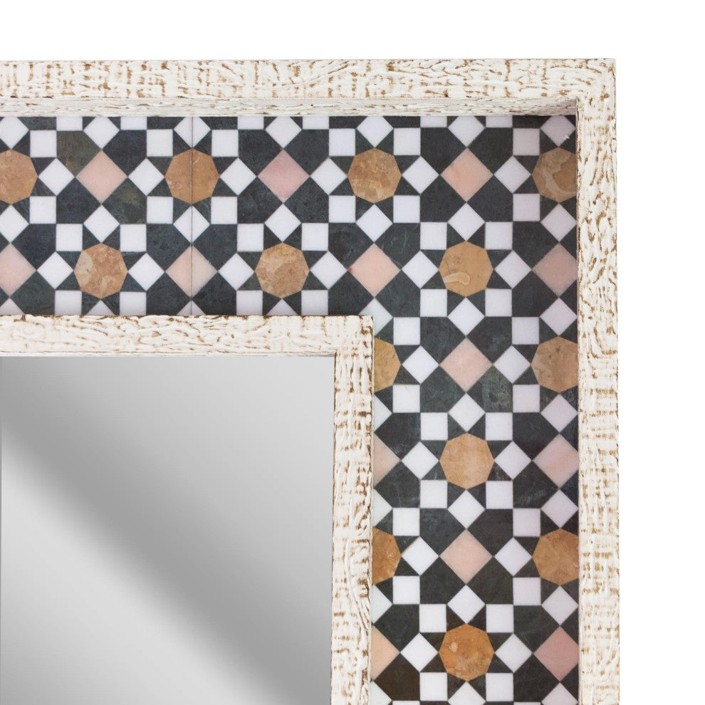 Geometric Tiled Print Distressed White Raised Lip Double Framed Accent Mirror