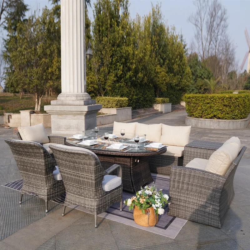 7-Piece Outdoor Gray Wicker Sofa Set with Chairs, Brown Fire Pit Table