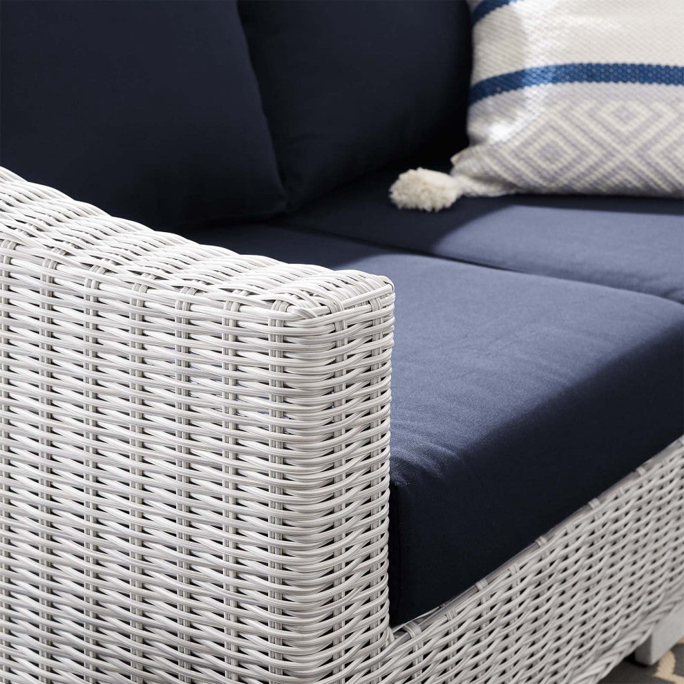Lounge Loveseat Sofa, Sunbrella, Rattan, Wicker, Gray Blue Navy, Outdoor