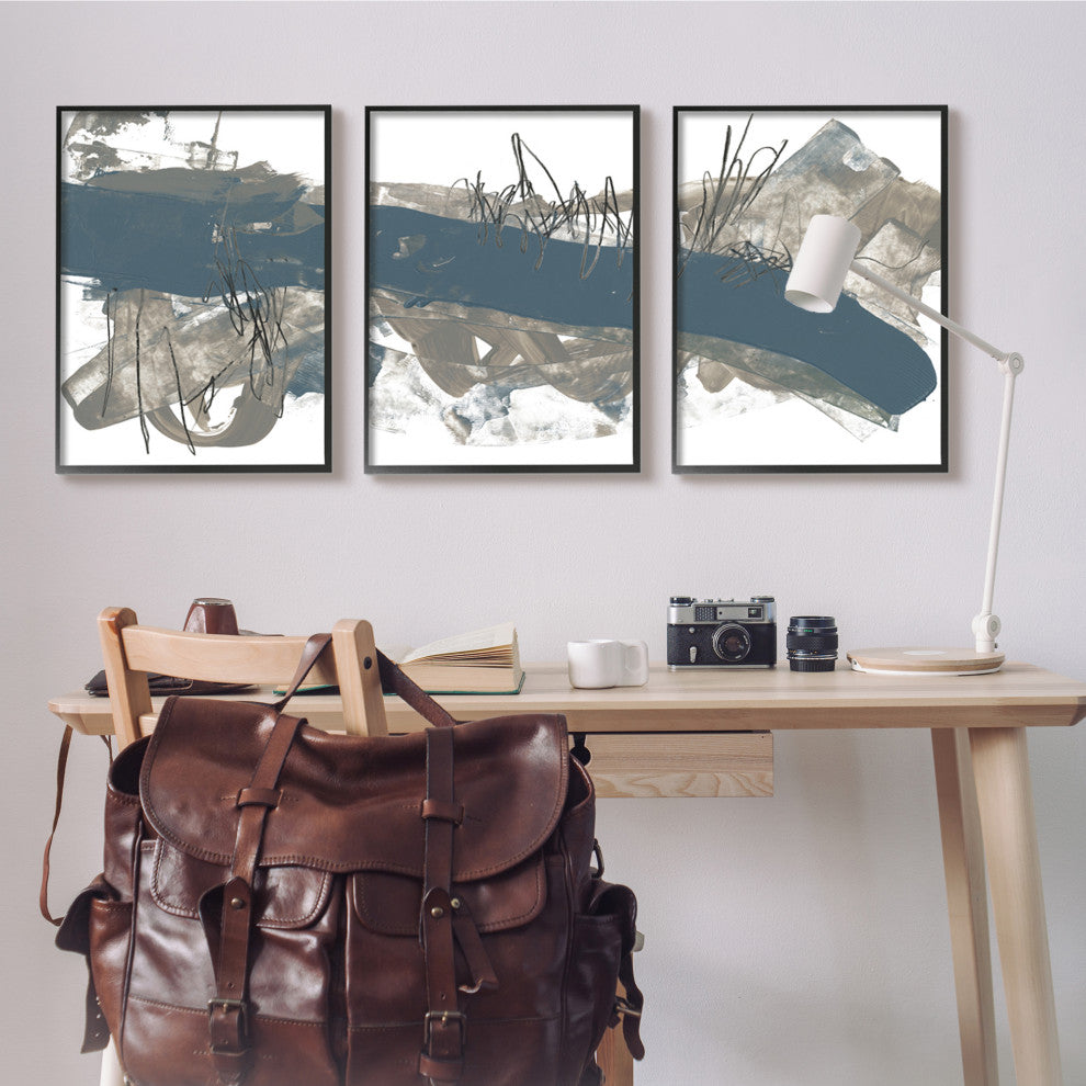 Abstract Line Painting Bold Blue Busy Grey Movement,3pc, each 24 x 30
