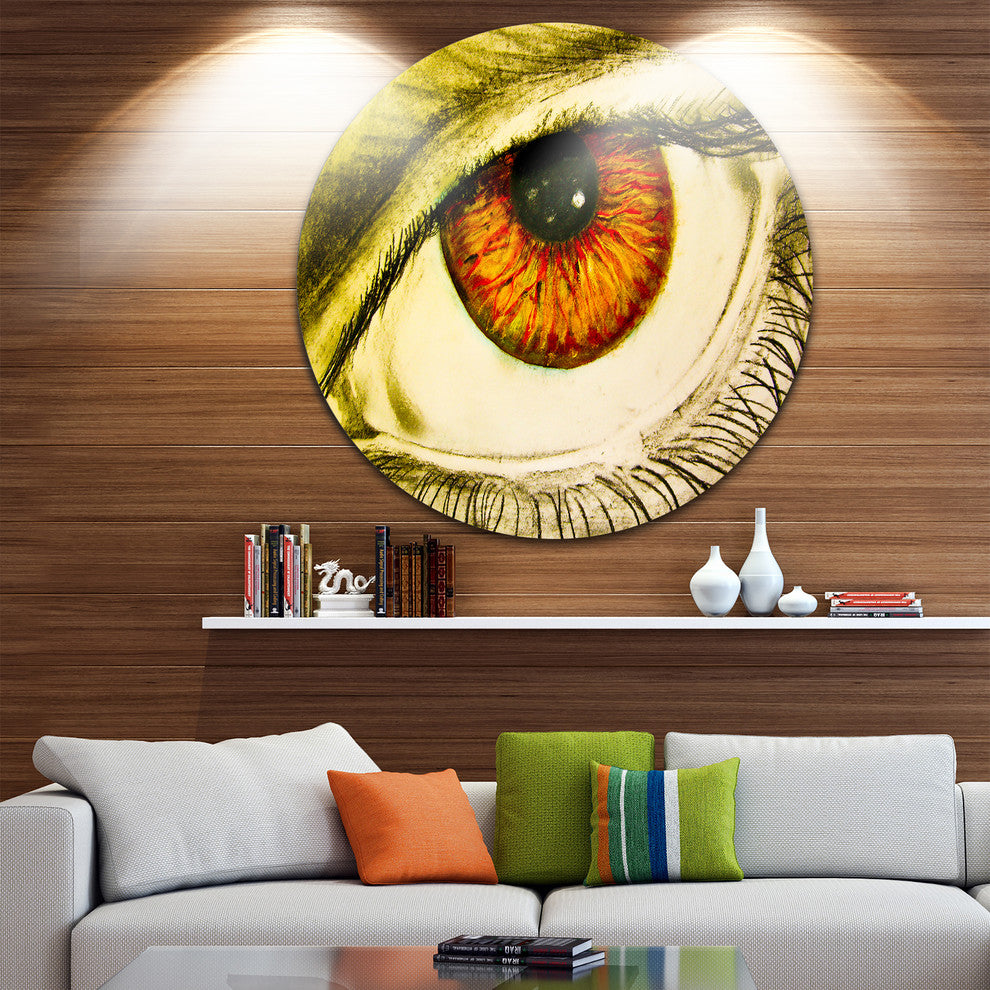 Eye With Orange Pupil, Abstract Painting Disc Metal Artwork, 36"