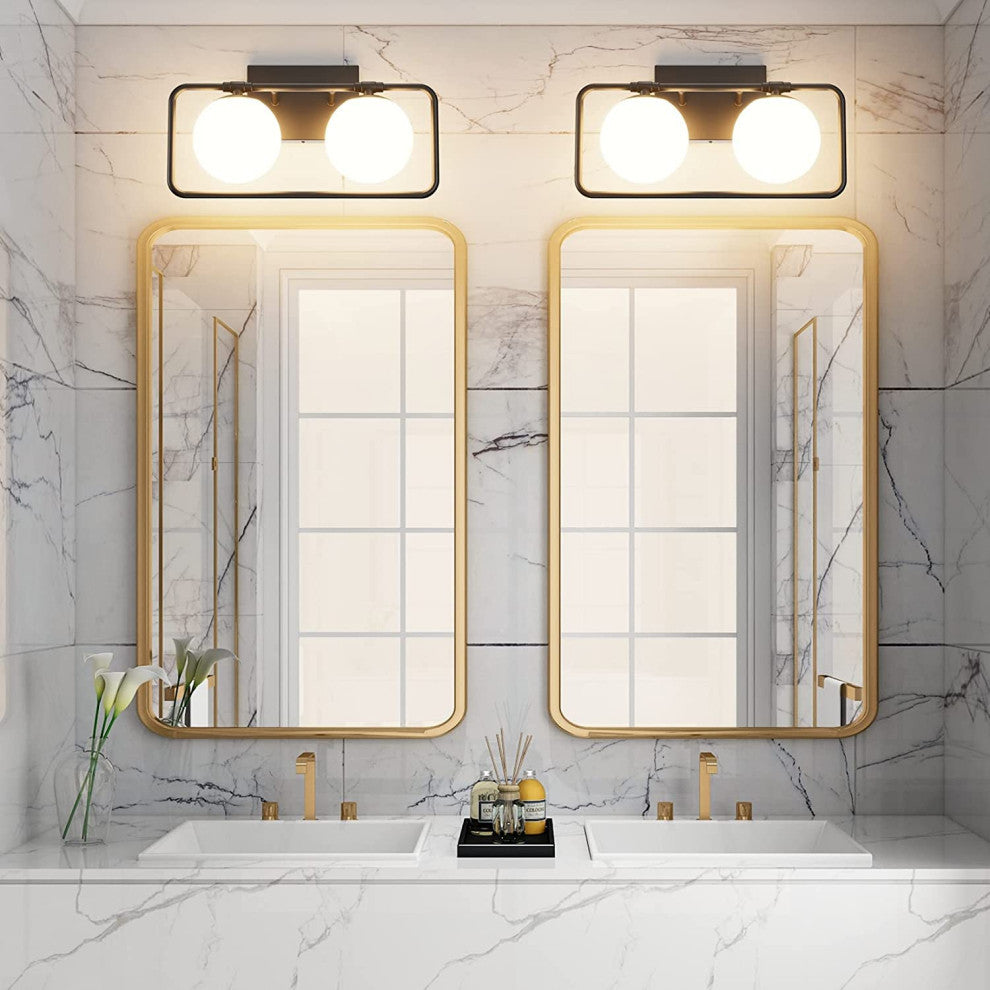 2-Light Mid Century Wall Lights Black and Gold Vanity Light With Milky White