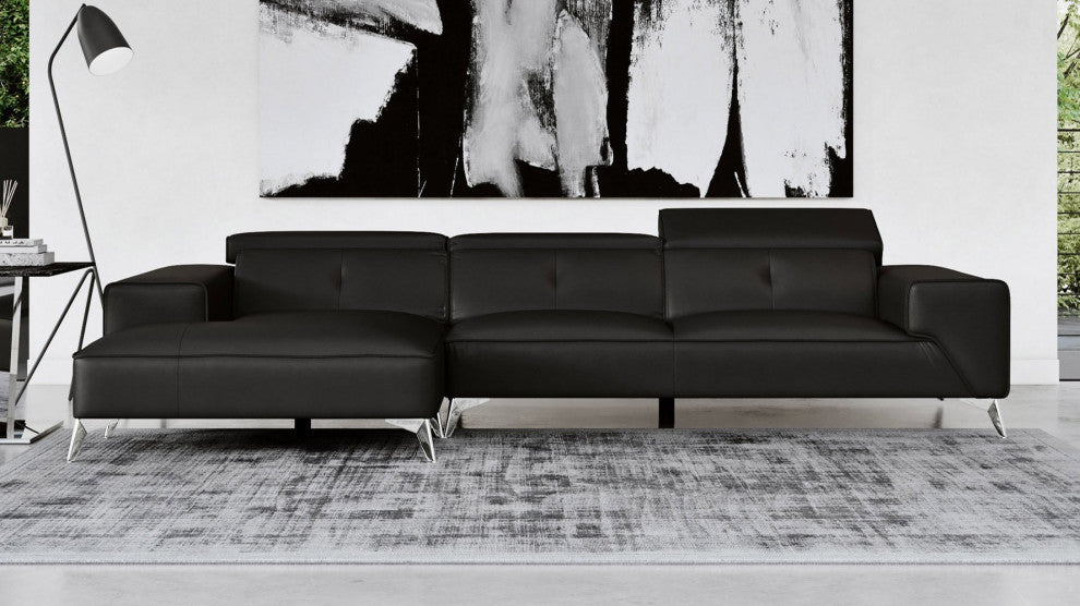 Raj Black Reclining Leather Sectional, Left Chaise