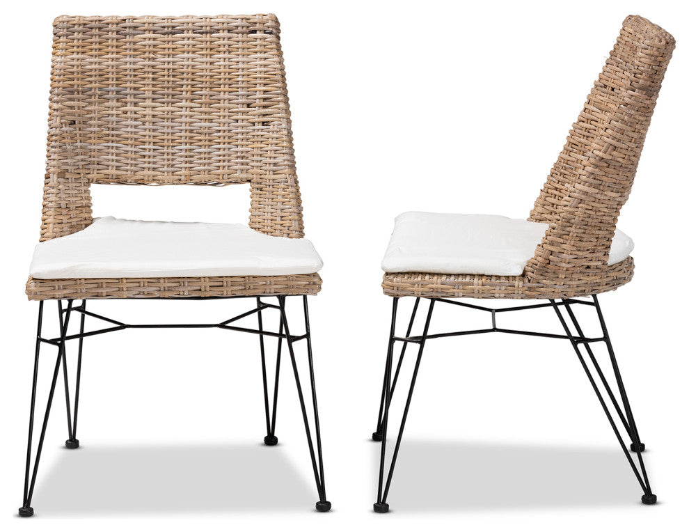 Maria 2-Piece Dining Chair Set With Cushion, Gray Natural Rattan & Metal