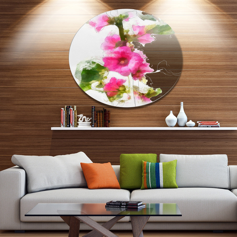 Pink Flower With Stem And Leaves, Floral Disc Metal Wall Art, 11"