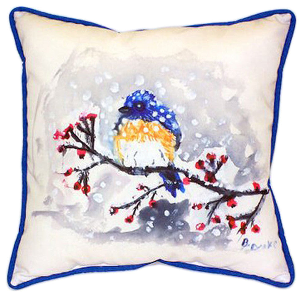 Betsy Drake Blue Bird and Snow Extra Large 22 X 22 Indoor / Outdoor Pillow