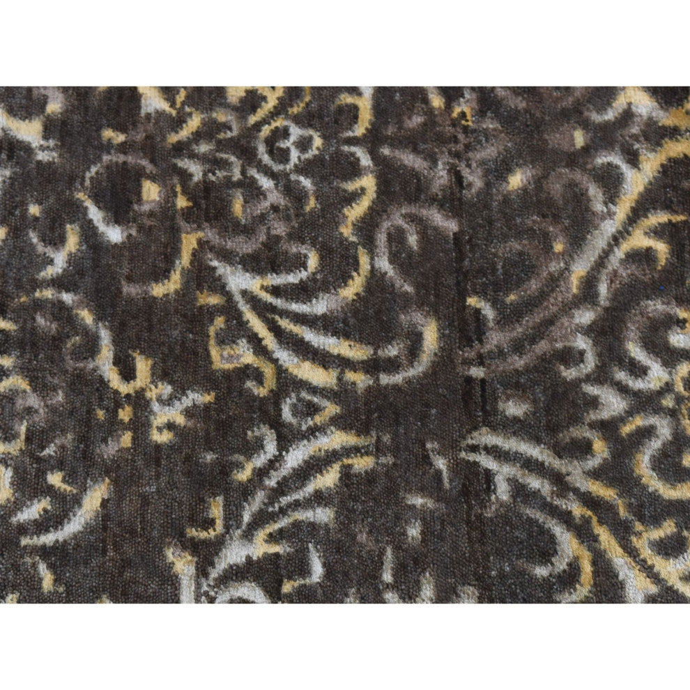Brown Hand Knotted Damask Tone on Tone Wool and Silk Runner Rug 2'x9'10"