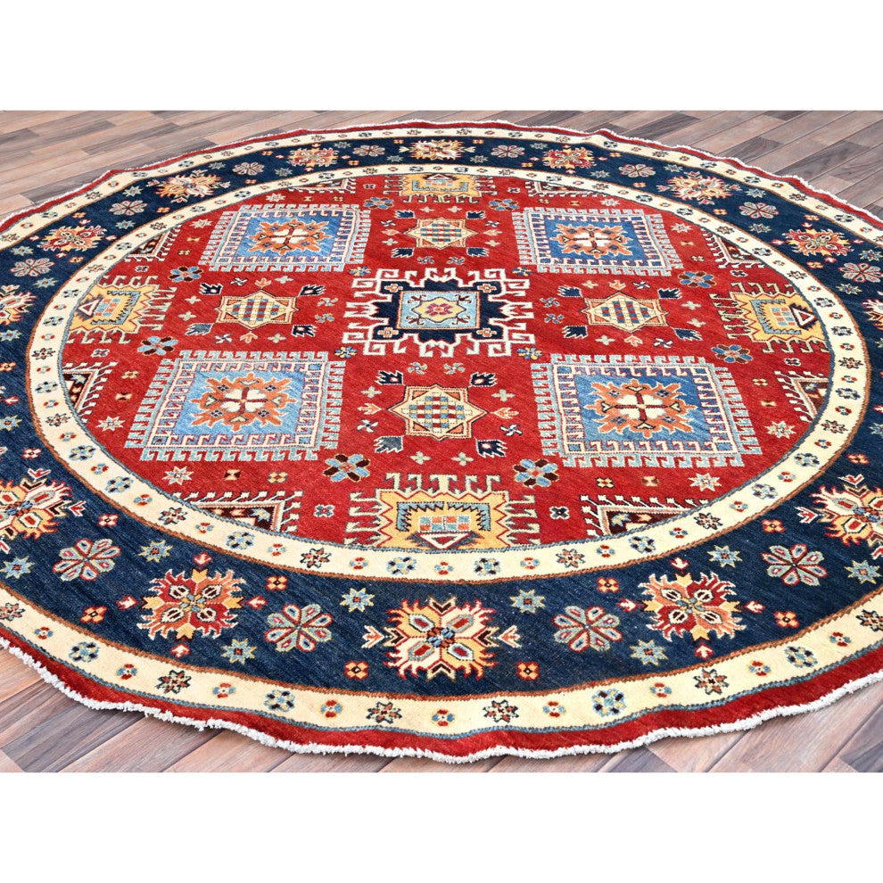 Red, Soft Wool, Special Kazak, Hand Knotted, Round Oriental Rug, 7'10"x7'9"