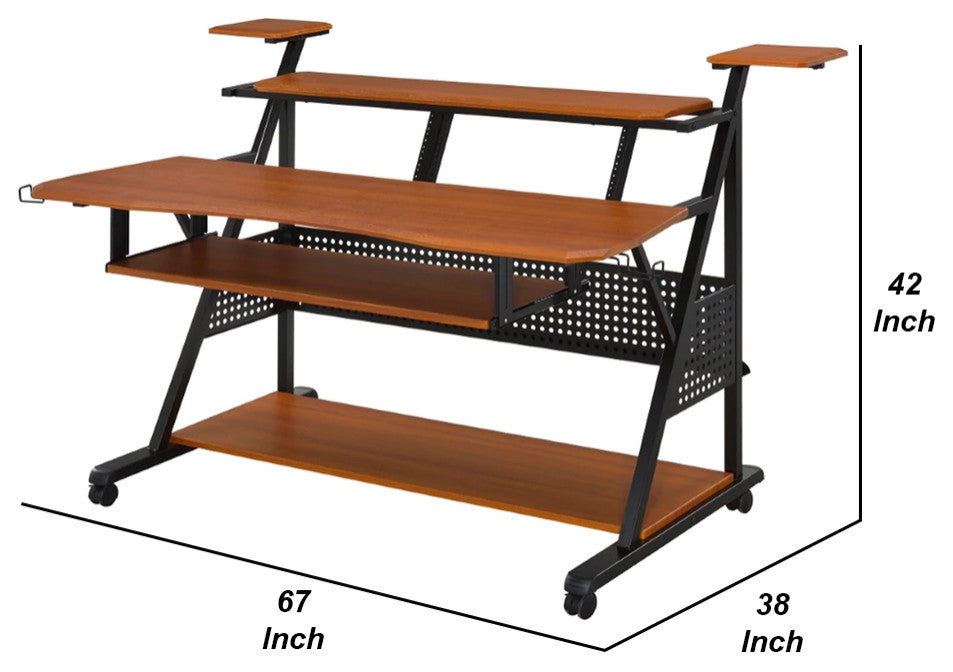 Benzara BM276201 Wood Music Desk Studio Station, Keyboard Tray, Shelves, Walnut