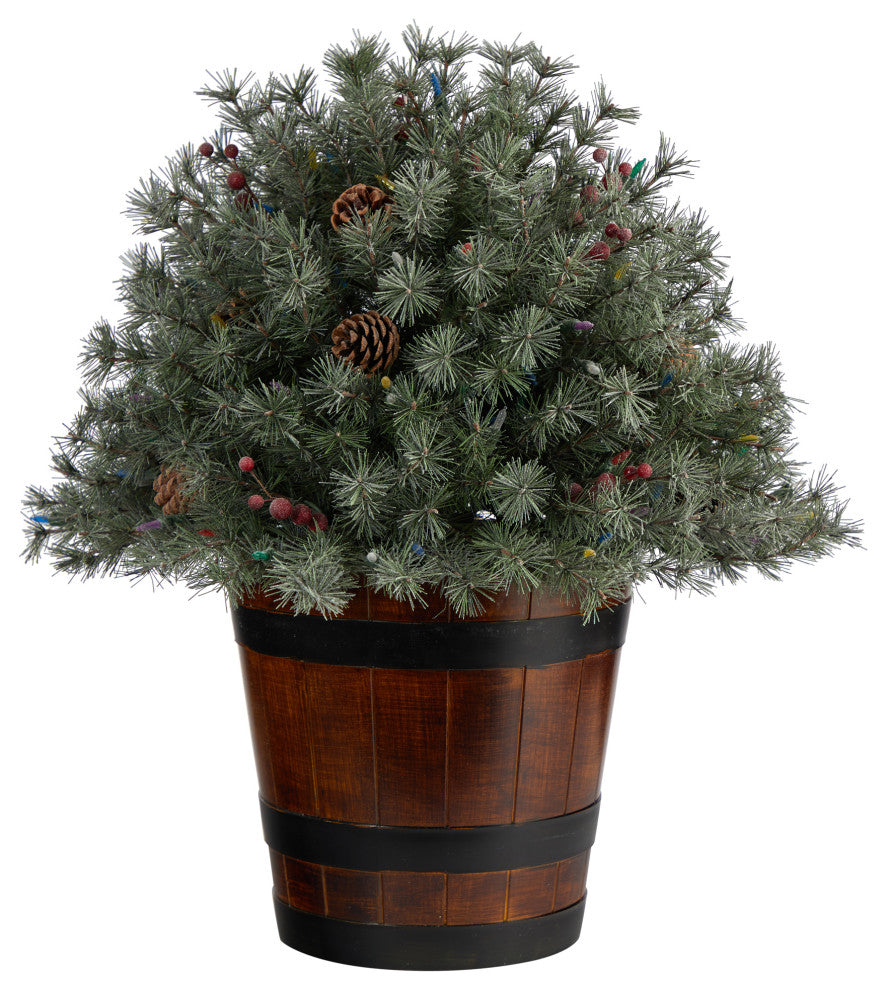 26" Flocked Faux Xmas Shrub W/Pinecones, Multicolored Lights & Bendable Branches