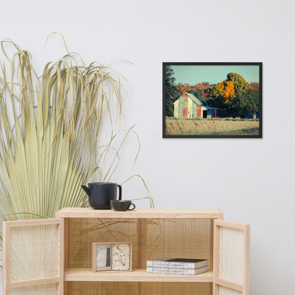 Patriotic Weathered Barn in Field Cross Processed Framed Photo Wall Art Prints, Black, 18" X 24"