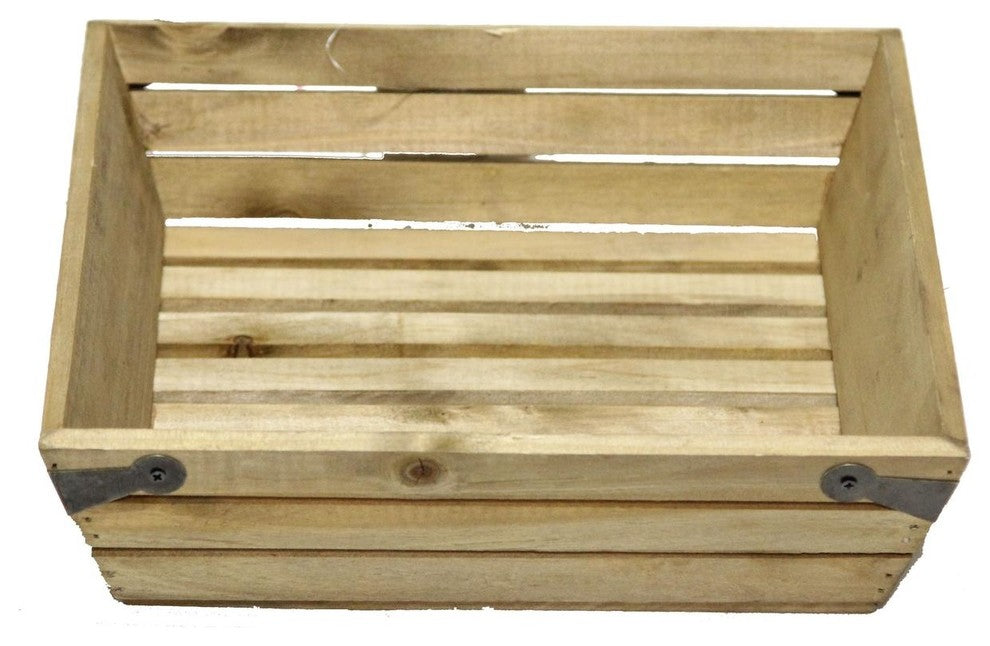 Natural Wood Small Shallow Square Crate With Metal Corner Design
