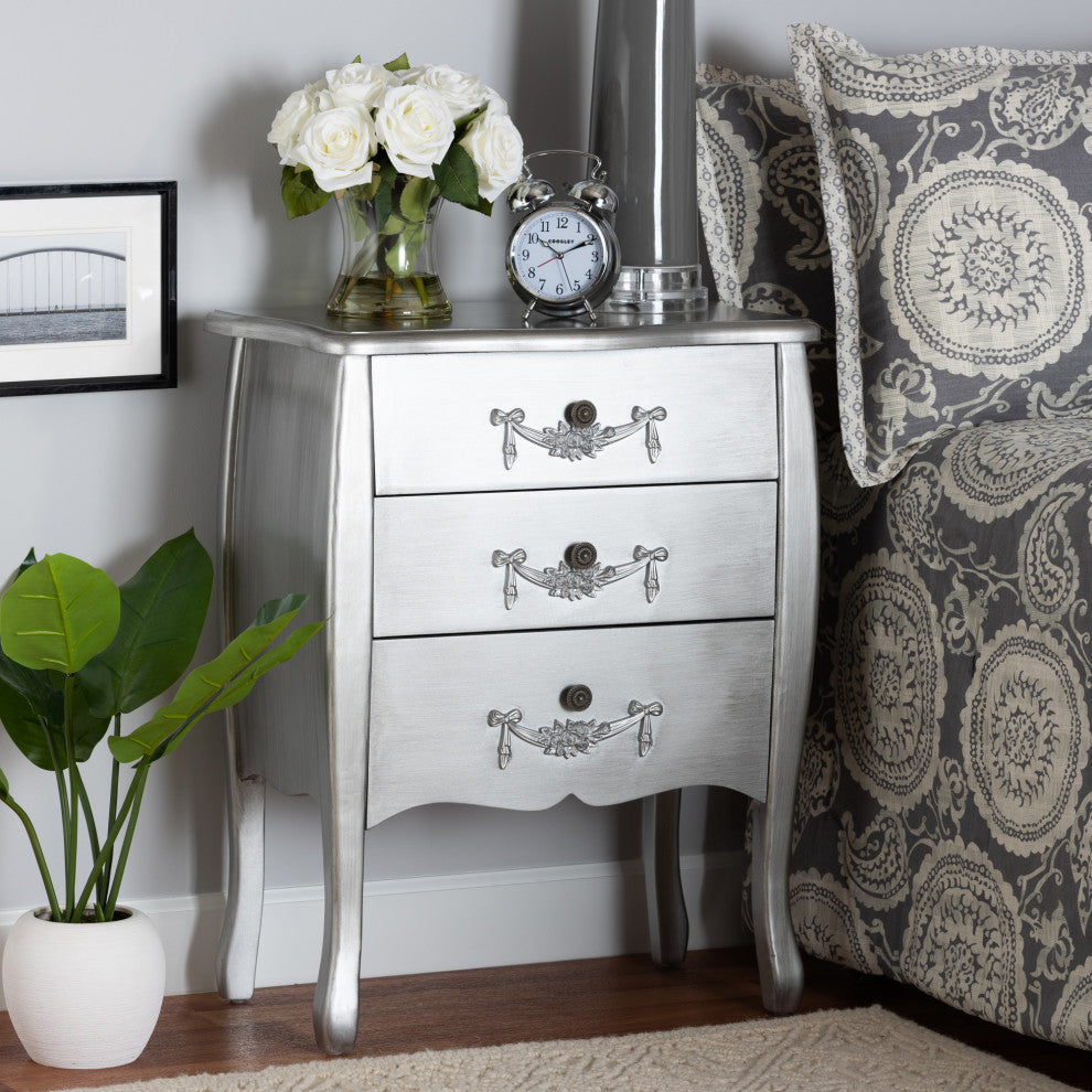 Eliya Traditional Brushed Silver Finished Wood 3-Drawer Storage Cabinet