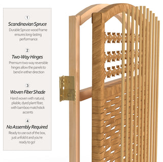 4' Tall Fiber Weave Room Divider, Light Beige, 6 Panels