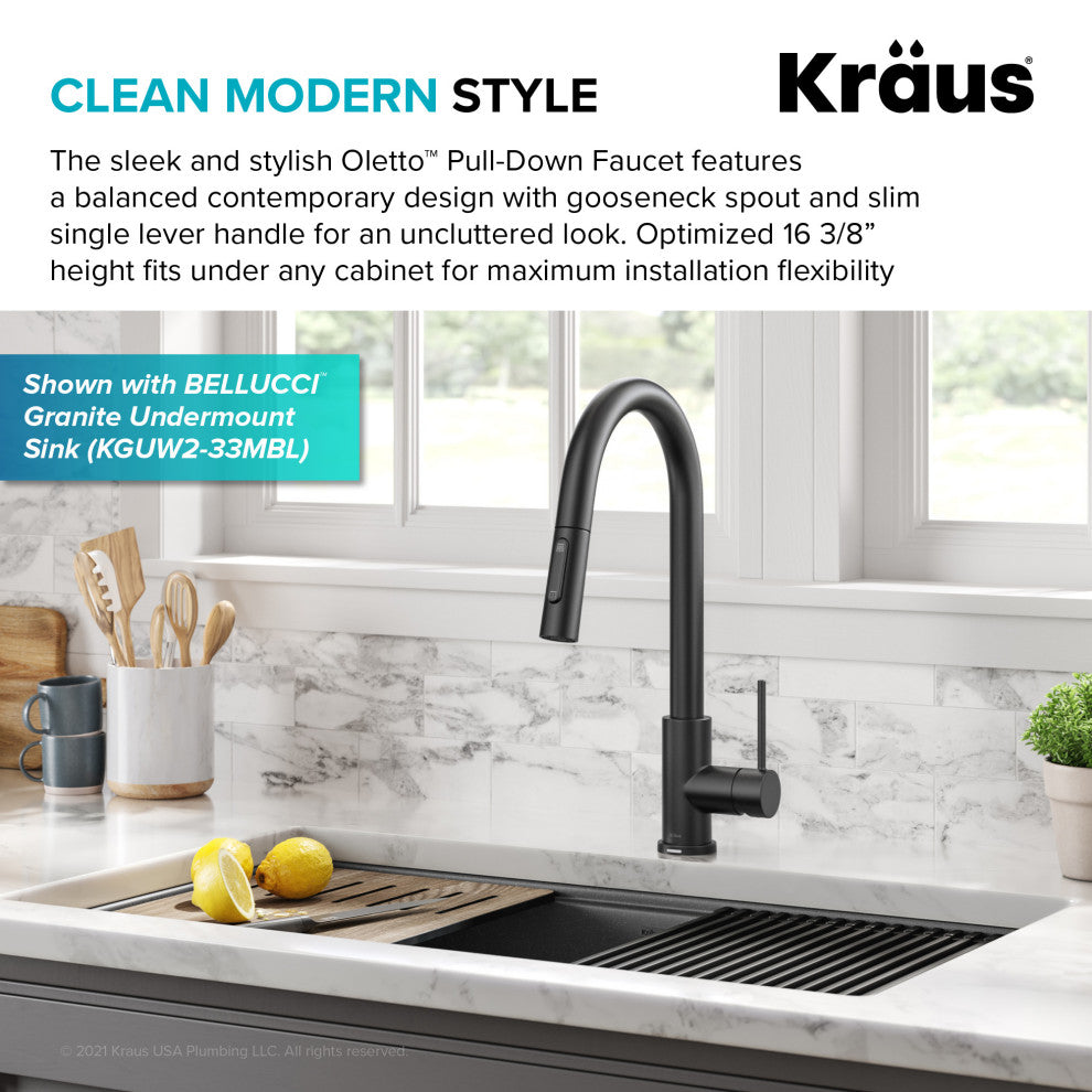 Oletto Pull-Down 1-Hole Kitchen Faucet, Matte Black, Model Ktf-3104mb