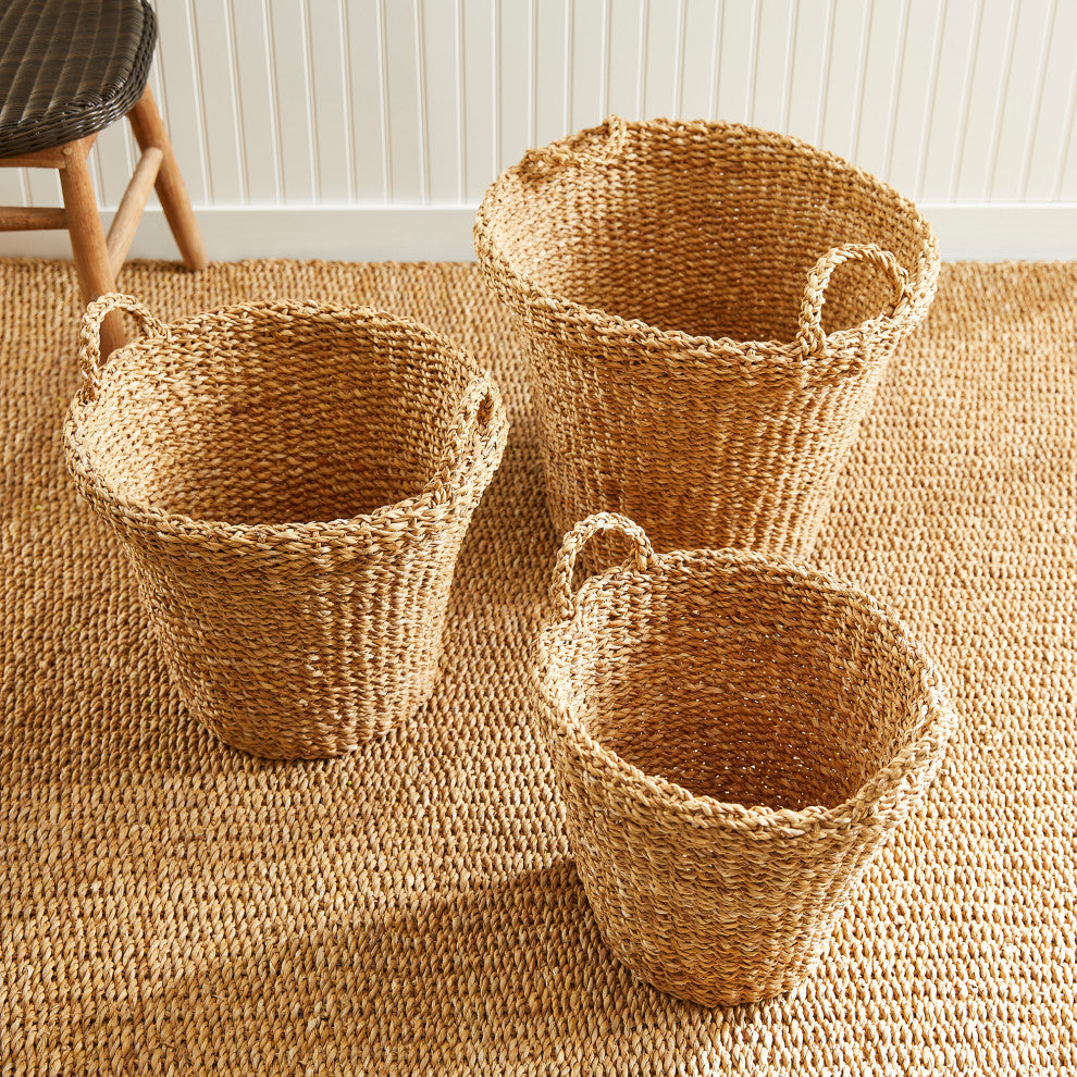 Seagrass Tapered Baskets With Handles And Cuffs, Set of 3