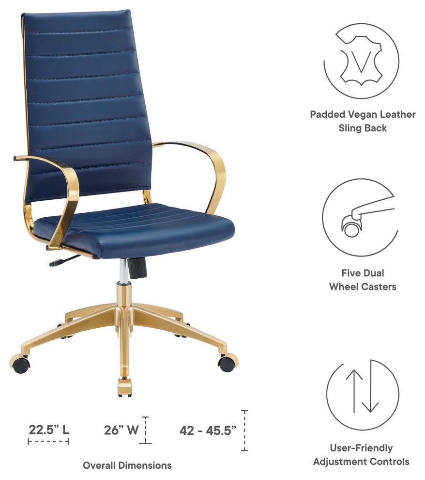 Computer Work Desk High Back Chair, Navy Gold, Faux Vinyl Leather, Home Office