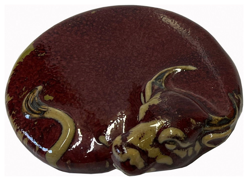 Chinese Ceramic Clay Oxblood Red Flat Ox Cow Shape Art Figure Hws3080A