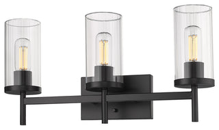 Winslett 3 Light Bath Vanity, Matte Black With Ribbed Clear Glass