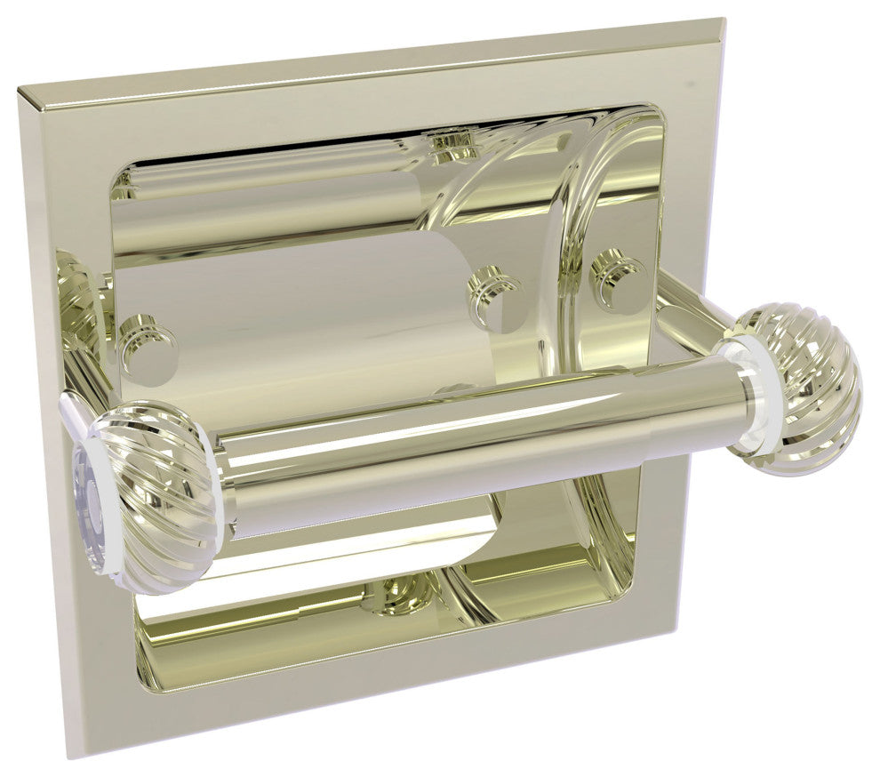 Clearview Recessed Toilet Paper Holder with Twisted Accents, Polished Nickel