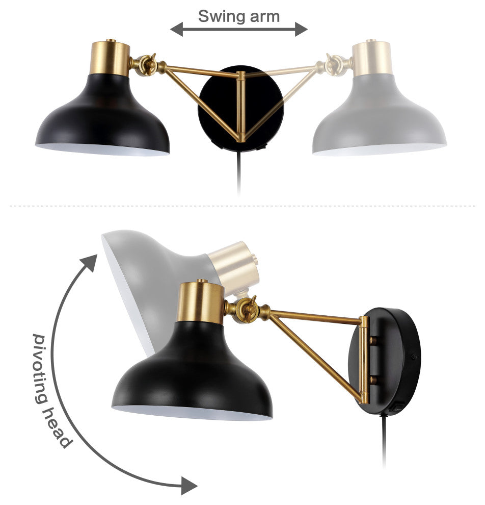 Lynn Swing Arm 1-Light Modern Midcentury Iron USB Charging Port LED Sconce, Blac