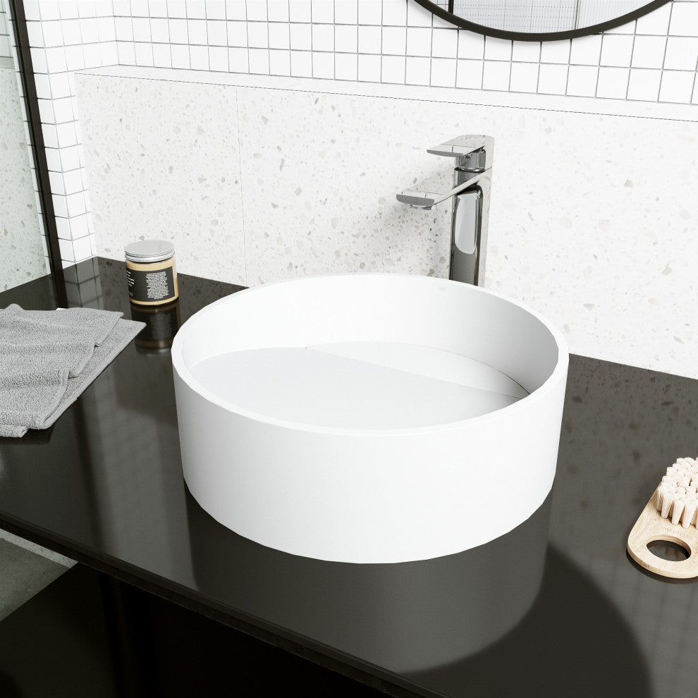 VIGO Starr 15"L x 15"W x 5"H Matte Stone Round Bathroom Vessel Sink