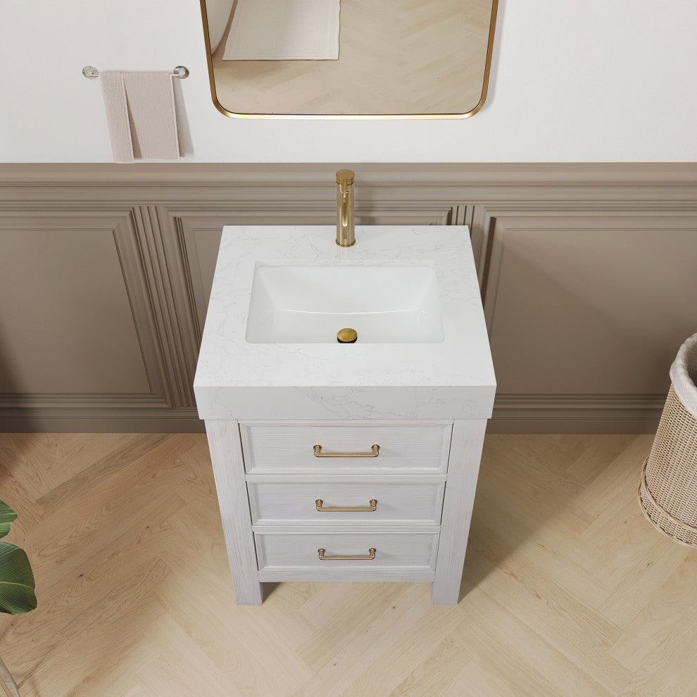Leon Bath Vanity With Composite Stone Top, Washed White, 24", No Mirror